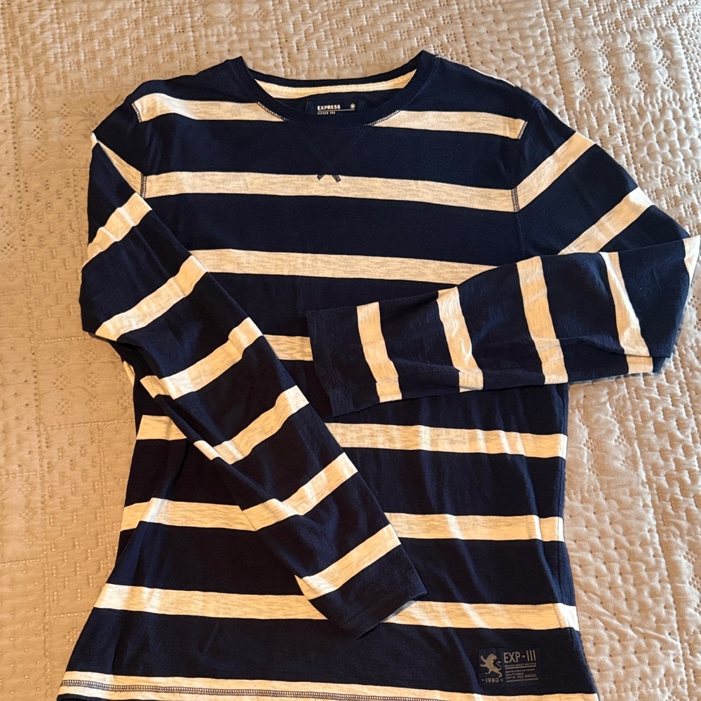 Express Navy and White Striped Mens Shirt, size M